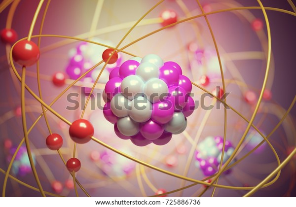 Elementary particles in atom. Physics\
concept. 3D rendered\
illustration.