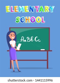 Elementary Or Primary School Poster With Teacher Near Blackboard Poster. Raster Mistress Pointing On Chalkboard With Letters For Learning Alphabet.