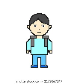 Elementary School Boy With A Straight Face Of Pixel Art