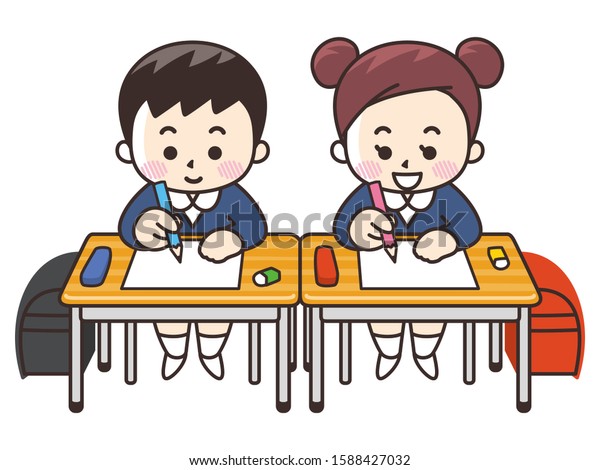 Elementary School Students Taking Tests Desk Stock Illustration 