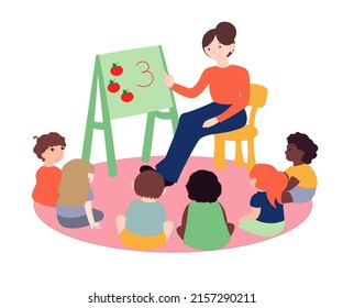 Elementary Students And Teacher. Children Education And Upbringing In The Kindergarden. Woman And Group Of Kids Isolated On White Background. Flat Vector Illustration