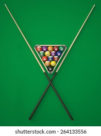 Elements of billiard balls, cue, triangle for the pyramid on green billiard table. 3d illustration high resolution