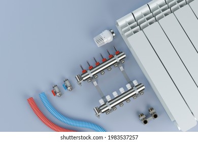 Elements of the heating system. Radiator, thermal head, distributor, pipes and valves. 3D illustration.