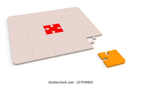Elements of the puzzle joined together, except for the yellow element lying separately - Shutterstock ID 257939855