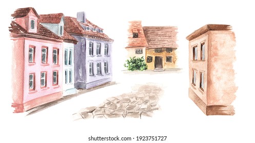 Elements Of The Rural Street Of Saint. At Home, A Stone Path. Hand Drawn Watercolor Illustration Isolated On White Background