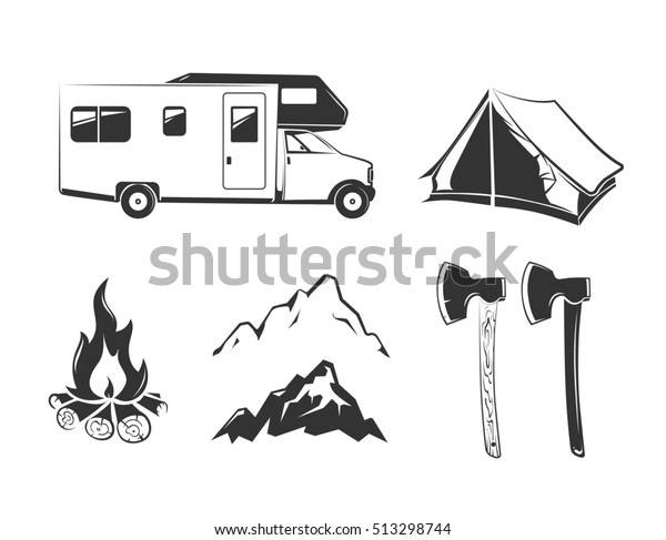  elements for summer camp outdoors\
vintage labels, emblems, logos, badges. Tent for mountain camp,\
travel and recreation in outdoor camp\
illustration