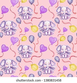 Elephant Balloons Cartoon Butterflies Seamless Patterns Stock