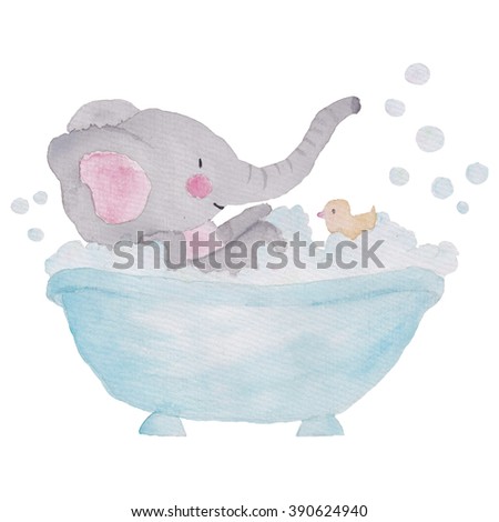 Elephant in the bath tube  Watercolor Illustration