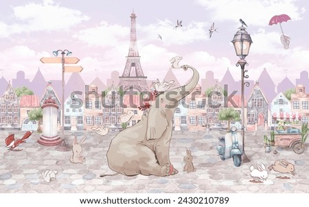 Elephant and Bunnies Kids Room Wallpaper Mural, Animals nursery wallpaper mural, Tour Eiffel, Paris, Old Town