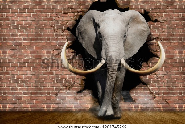 Elephant coming out of the walls. Wallpapers for walls. 3D illustration.