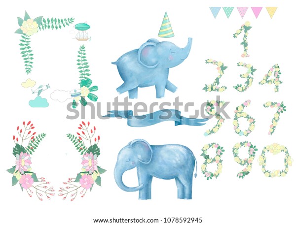 Elephant\
digital clip art cute animal and flowers for card, frame and ribbon\
posters, on white background for\
celebration