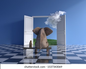 Elephant And Dog Are Sitting In The Blue Room, 3d Illustration