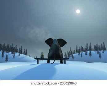 Elephant and dog are sitting on the lake on Christmas night