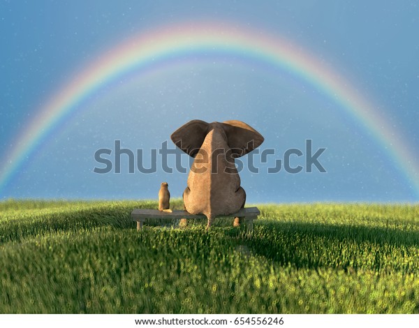 緑の草原の上の象と犬 3dイラスト のイラスト素材 654556246