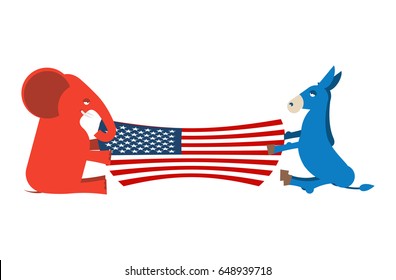 Elephant And Donkey Divide USA Flag. Political Party Of America. Republicans Against Democrats. Presidential Election United States
