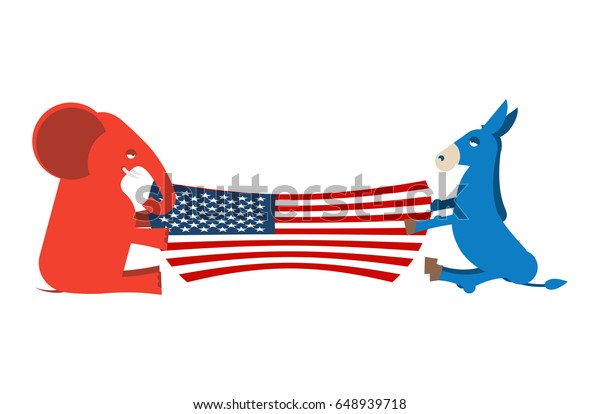 Elephant and Donkey divide USA flag. Political\
Party of America. Republicans against Democrats. Presidential\
Election United\
States\
