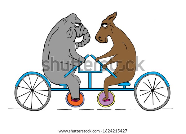 An\
elephant and a donkey peddle against each\
other