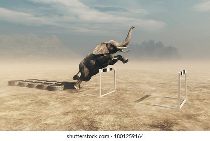 Elephant in front of training tire . Get fit and weight loss concept . This is a 3d render illustration .  - Powered by Shutterstock