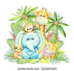 Elephant, giraffe, monkey, sloth, pelican. tropical leaves. Watercolor clipart, in cartoon style, on an isolated background.