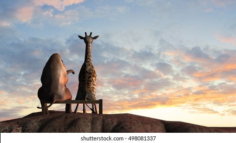 Elephant and Giraffe  on a mountain top sit on a bench at sunset - 3d rendering