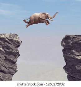 A elephant jumping over a chasm. This is a 3d render illustration 