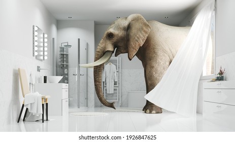 Elephant in the modern bathroom as a durability and longevity concept (3d rendering)