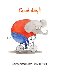 Elephant On The Bike. Good Day. Watercolor Illustration. Hand Drawing