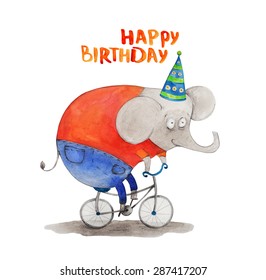 Elephant On The Bike. Happy Birthday. Watercolor Illustration. Hand Drawing