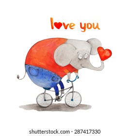 Elephant On The Bike. Love You. Watercolor Illustration. Hand Drawing