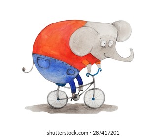 Elephant On The Bike. Watercolor Illustration. Hand Drawing