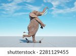 Elephant on skateboard. Impossible and happiness concept. This is a 3d render illustration