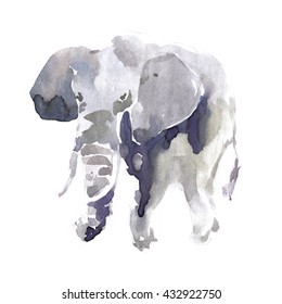 Elephant on white background. Animal silhouette watercolor sketch. Wildlife art illustration. Vintage graphic for fabric, postcard, greeting card, book