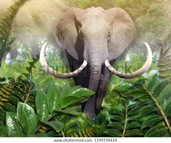 Elephant out of the jungle. Wallpaper for wall. 3D illustration.