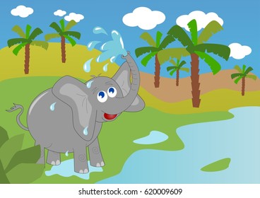 elephant playing with water in the savanna