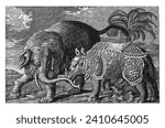Elephant and rhinoceros, Pieter van den Berge, 1686 - 1696 An elephant and a rhinoceros stand in a landscape with palms and shrubs.