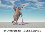 Elephant riding a scooter. Impossible and happiness concept. This is a 3d render illustration
