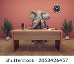 Elephant sits at the office. This is a 3d render illustration