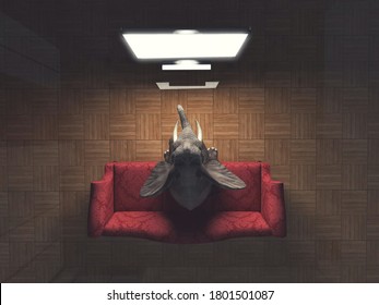 Elephant sits on sofa and watch tv in the living room . Online movie stream concept . This is a 3d render illustration . 