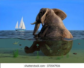 The elephant is sitting in the water.