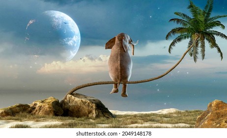 Elephant stands on thin branch of withered palm tree watching planet earth. This is a 3d render illustration
