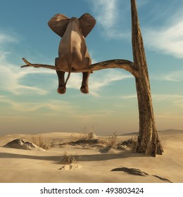 Elephant stands on thin branch of withered tree in surreal landscape. This is a 3d render illustration