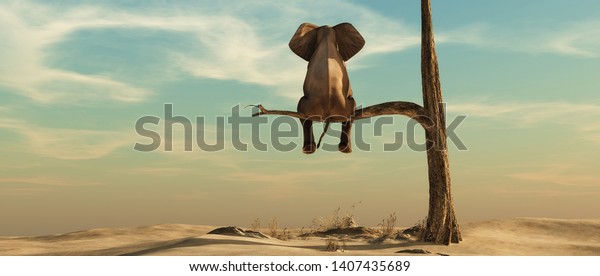 象は枯れた木の枝の上に立ち、現実の風景を見る。これは3Dレンダリングイラストです