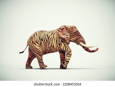 Elephant with tiger skin on studio background. Be different and mindset change concept. This is a 3d render illustration