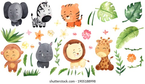 Elephant, Tiger, Zebra, Lion, Giraffe, Monkey, Rhinoceros. Safari Animals Watercolor Illustration And Tropical Leaves