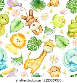 Elephant, turtle, lion, leopard, monkey, Zebra, parrot, Pelican. Tropical animals, plants and flowers, a cartoon style. Watercolor seamless pattern.