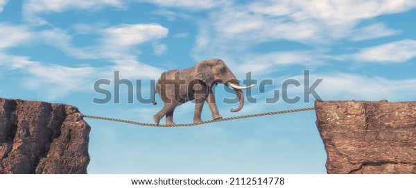 Elephant walks on slackline rope above a gap\
between two mountain peaks. Risk taking and destination concept. \
This is a 3d render\
illustration