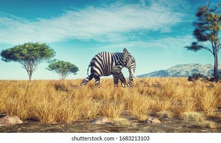 Elephant with a zebra skin walking in savannah . This is a 3d render illustration