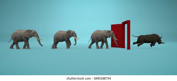 Elephants entering a door and gets out as a rhino . Changing mindset and different approach concept . Life changing decision and new opportunities . This is a 3d render illustration .