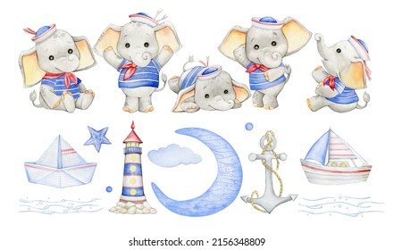Elephants, sailor, moon, lighthouse, anchor, boat, cloud, star, sea. Watercolor set of elements, in cartoon style, on an isolated background.