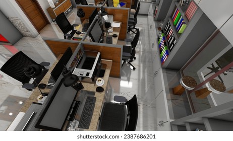 An elevated view of staff working in a busy open office. 3D Rendering - Powered by Shutterstock